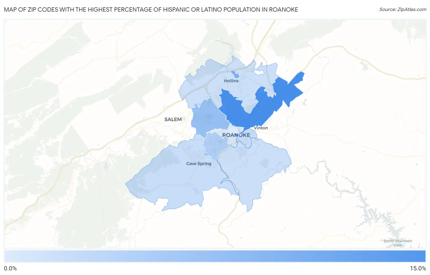 Zip Codes with the Highest Percentage of Hispanic or Latino Population in Roanoke Map