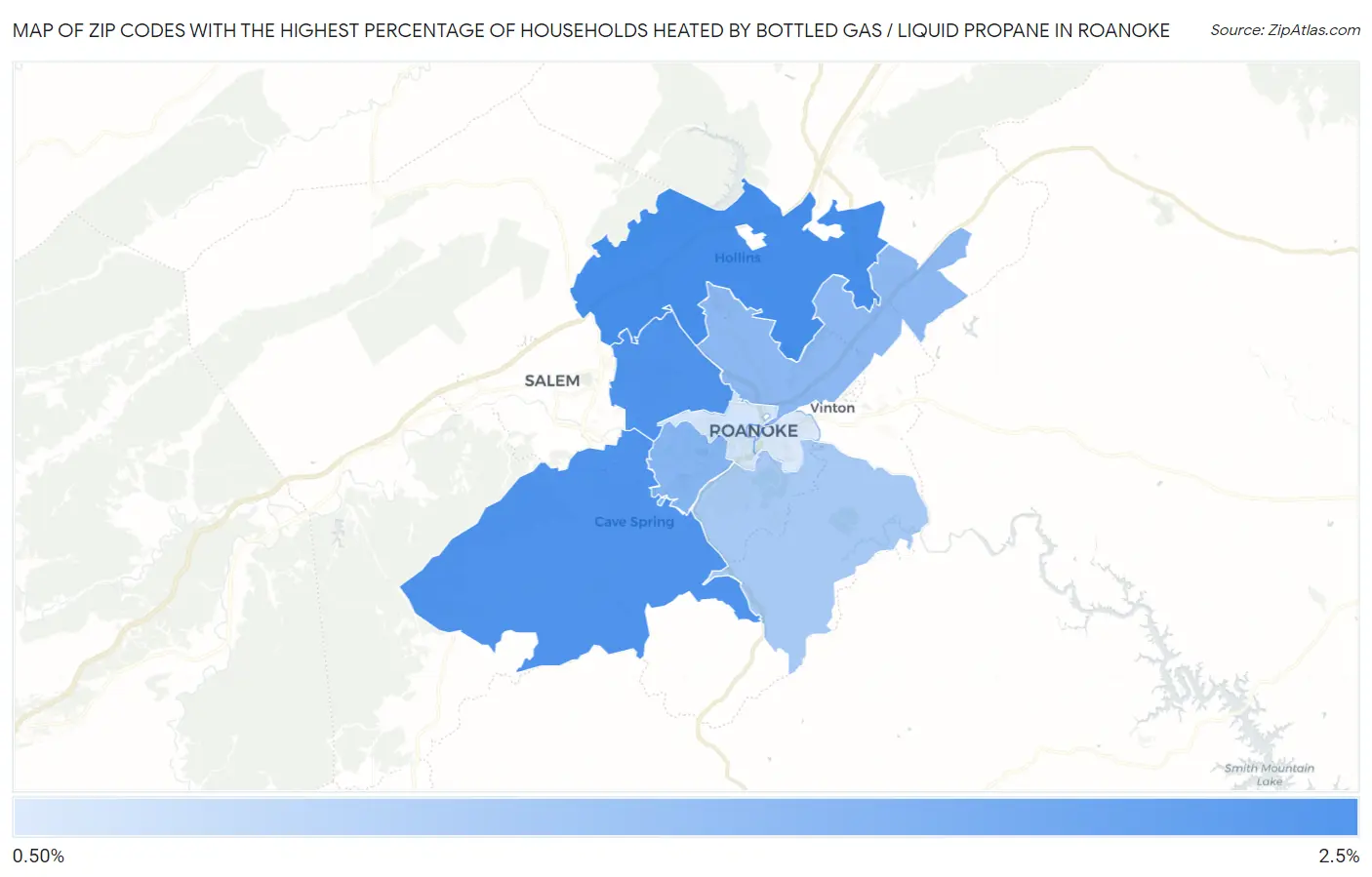 Zip Codes with the Highest Percentage of Households Heated by Bottled Gas / Liquid Propane in Roanoke Map