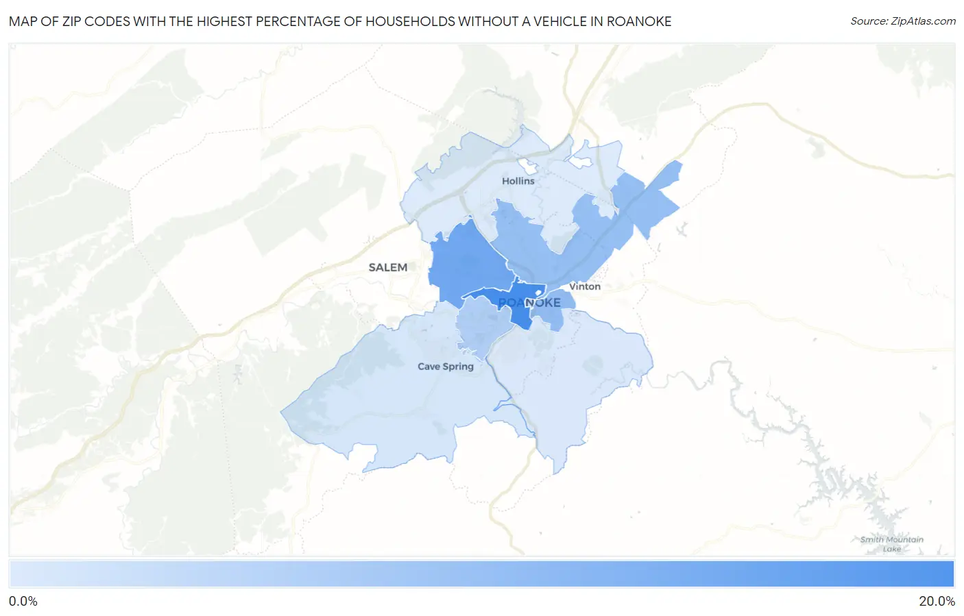 Zip Codes with the Highest Percentage of Households Without a Vehicle in Roanoke Map