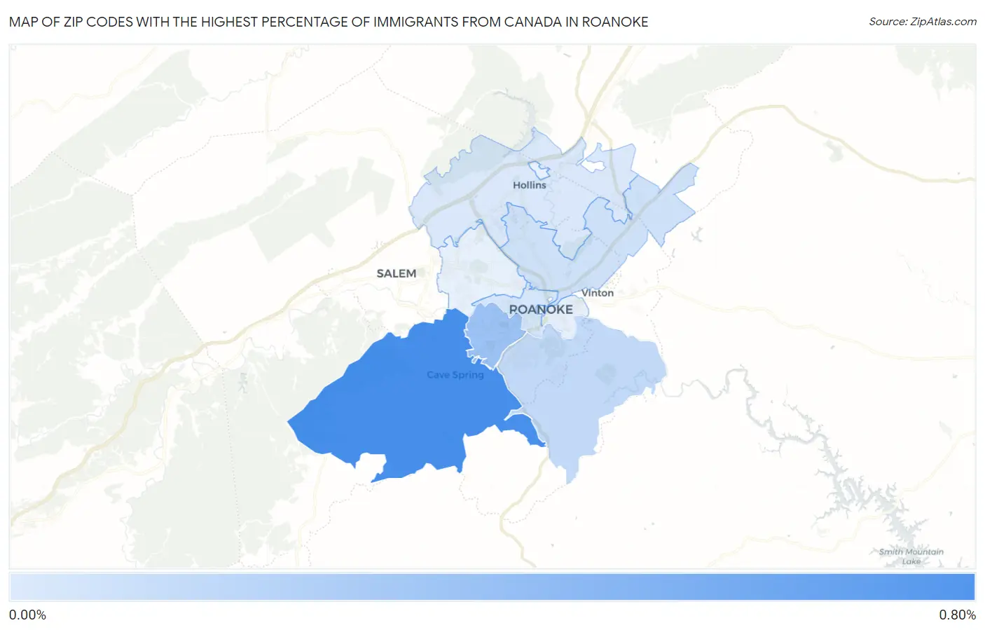 Zip Codes with the Highest Percentage of Immigrants from Canada in Roanoke Map