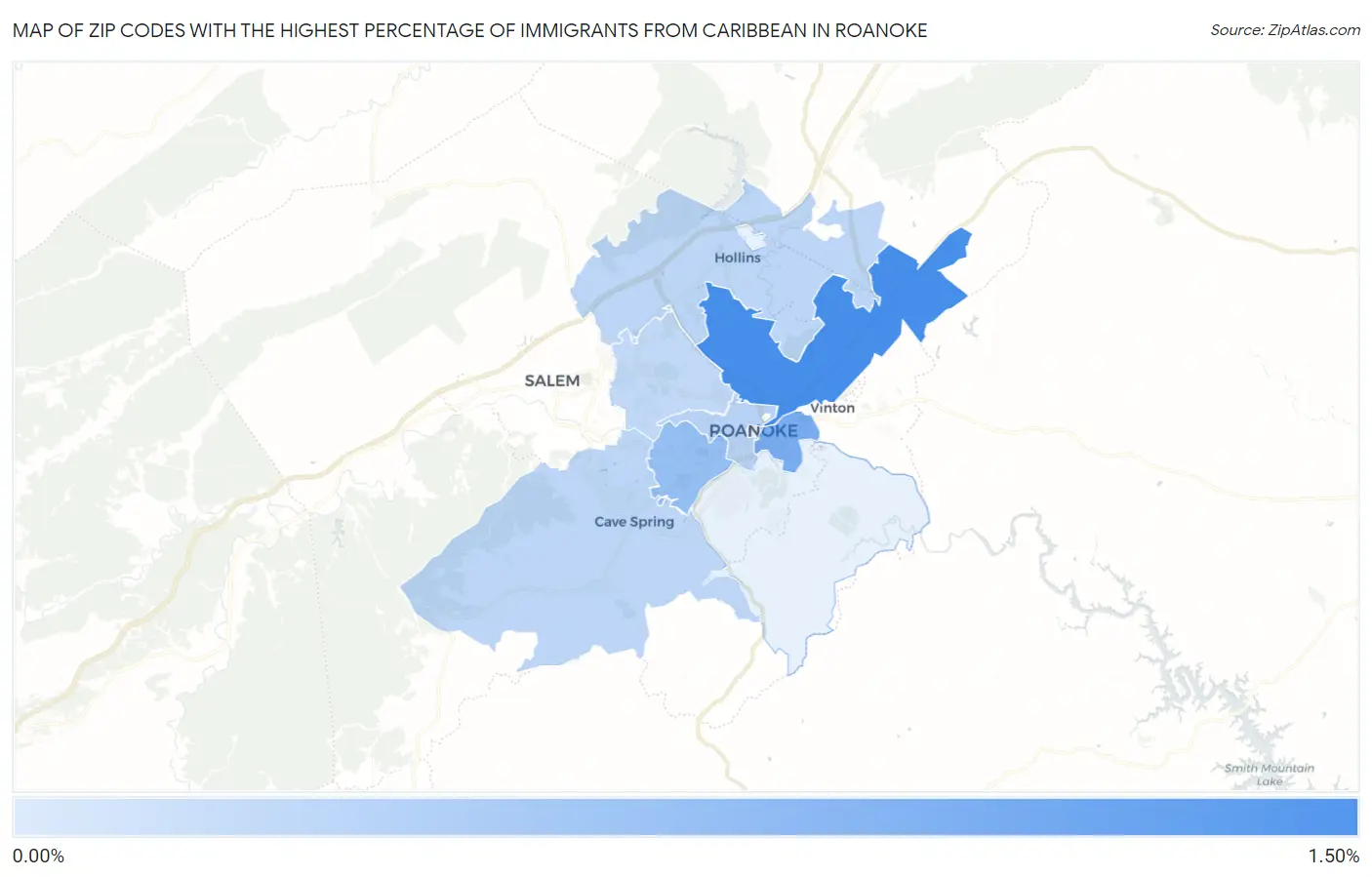 Zip Codes with the Highest Percentage of Immigrants from Caribbean in Roanoke Map