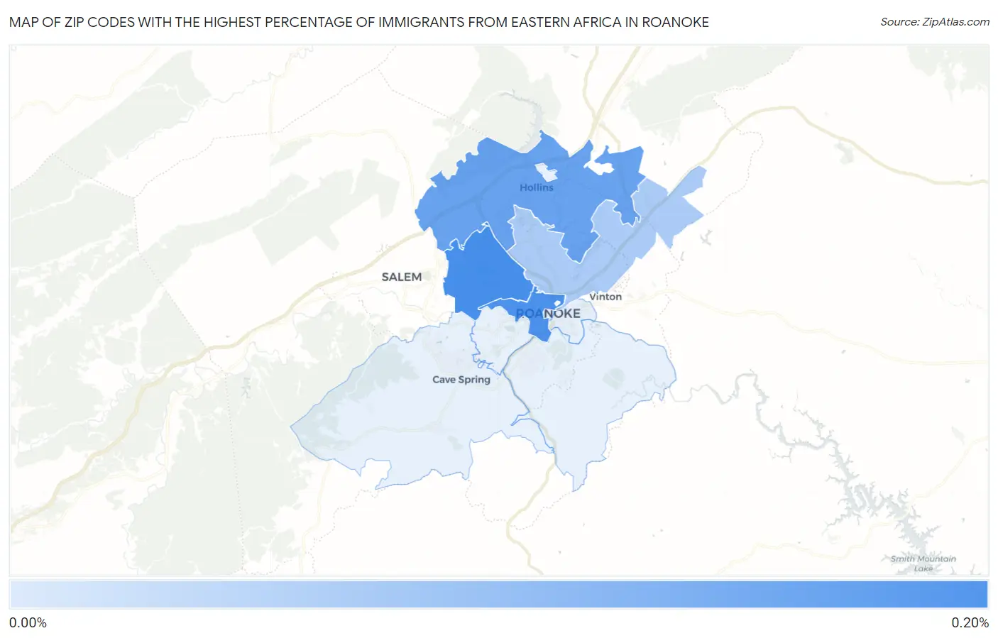 Zip Codes with the Highest Percentage of Immigrants from Eastern Africa in Roanoke Map