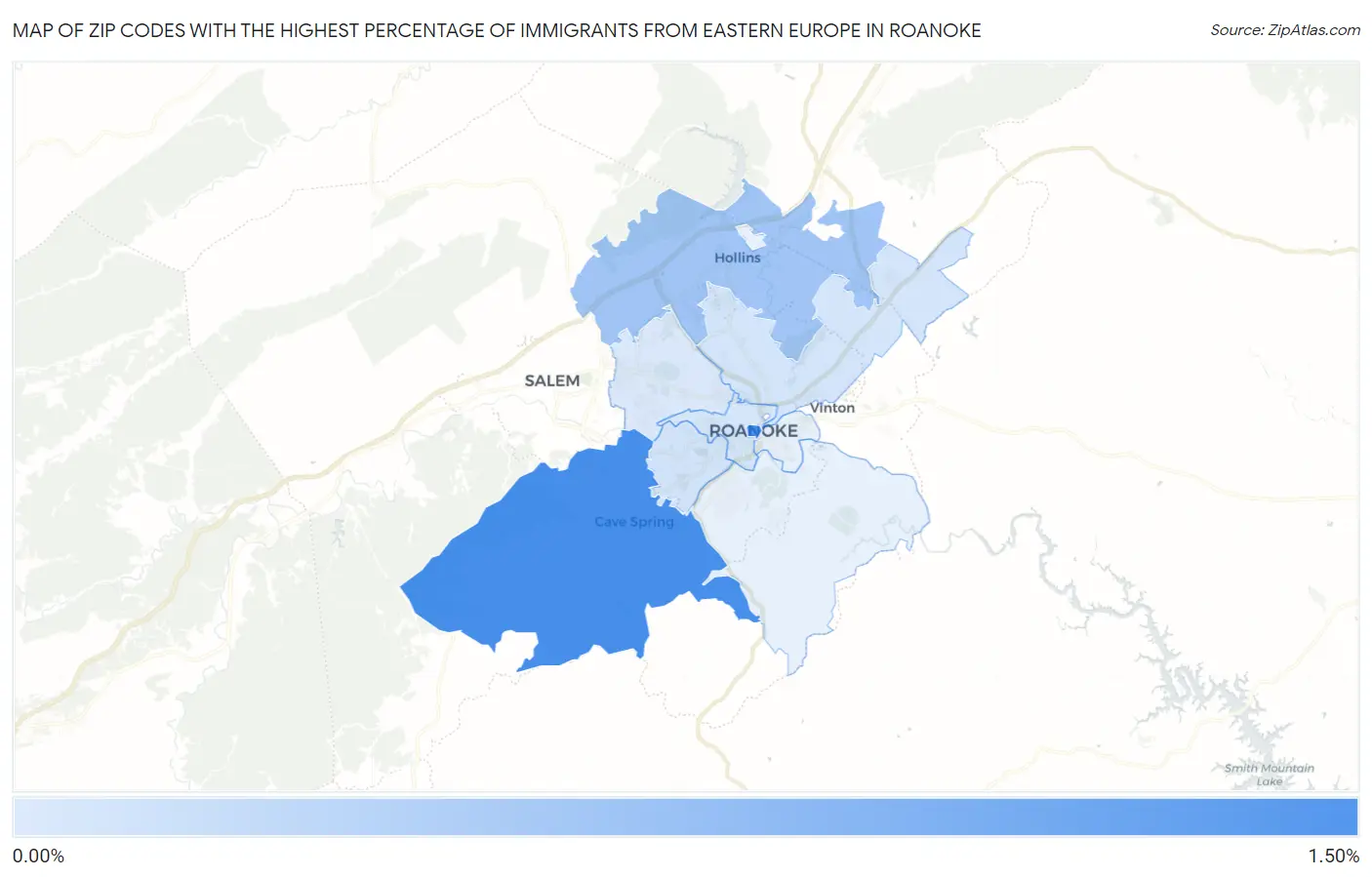 Zip Codes with the Highest Percentage of Immigrants from Eastern Europe in Roanoke Map
