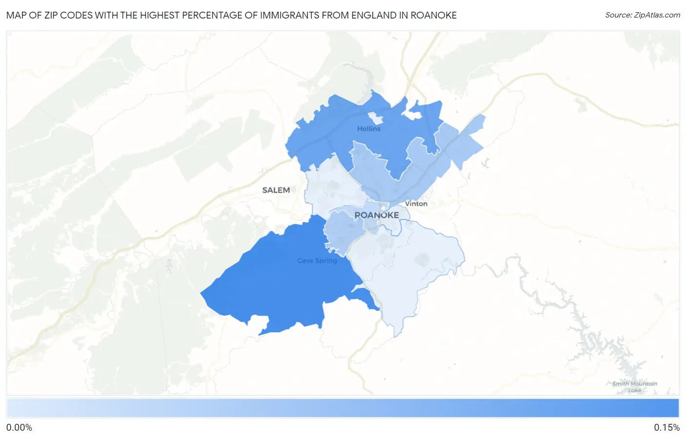 Zip Codes with the Highest Percentage of Immigrants from England in Roanoke Map