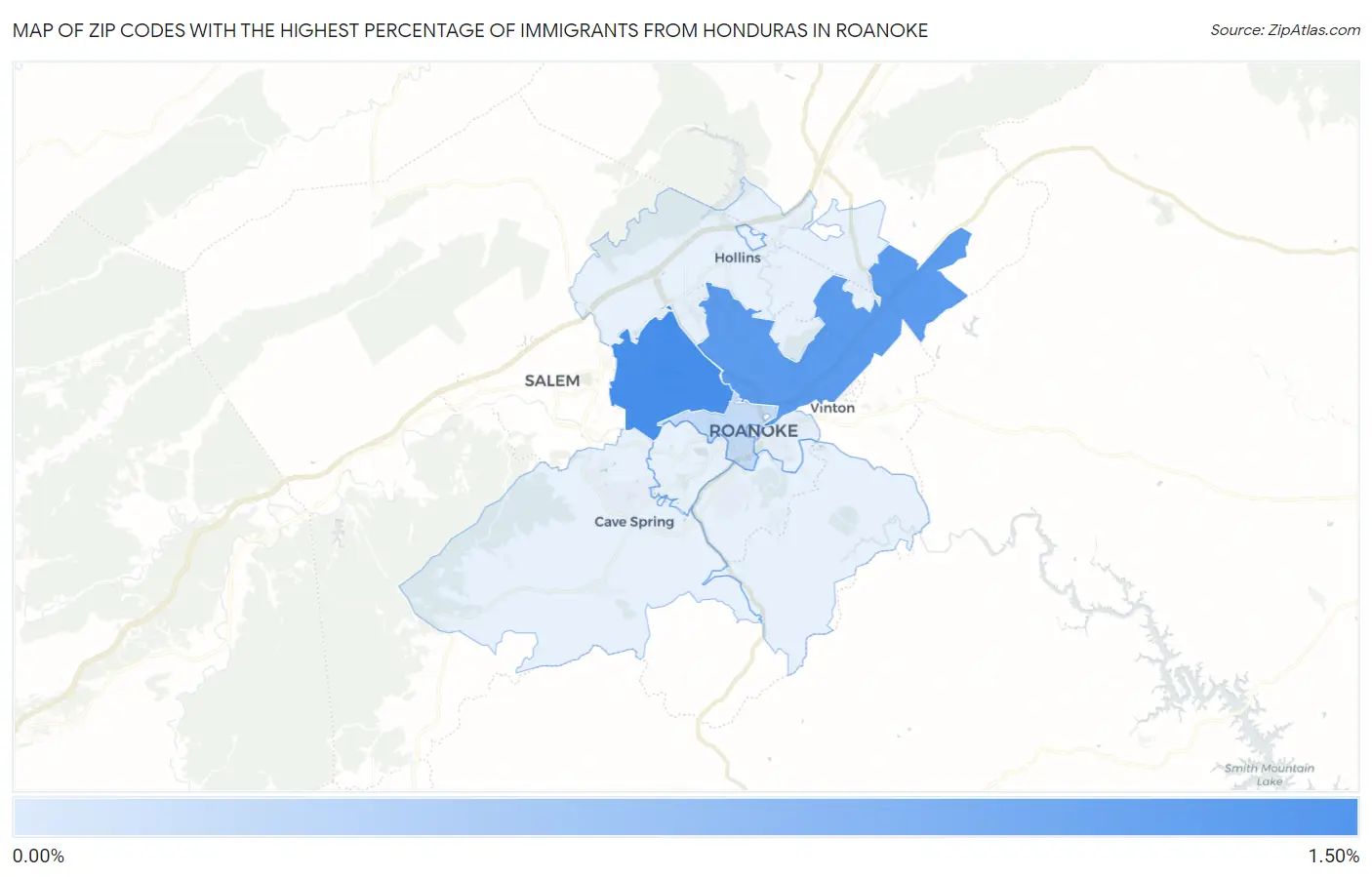 Zip Codes with the Highest Percentage of Immigrants from Honduras in Roanoke Map