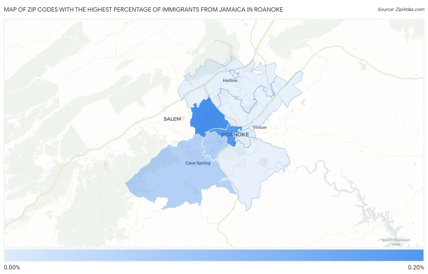 Zip Codes with the Highest Percentage of Immigrants from Jamaica in Roanoke Map
