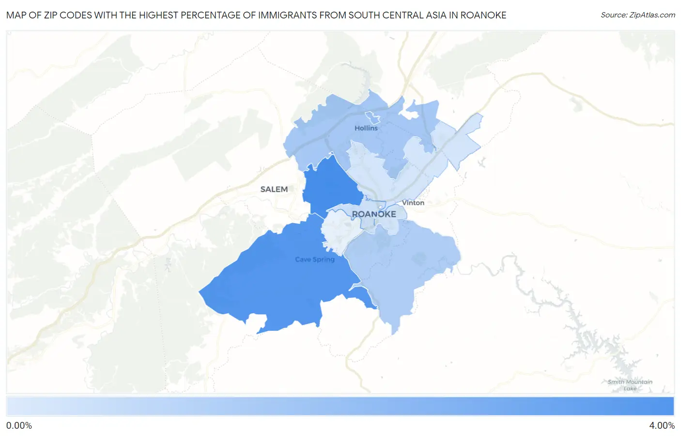 Zip Codes with the Highest Percentage of Immigrants from South Central Asia in Roanoke Map