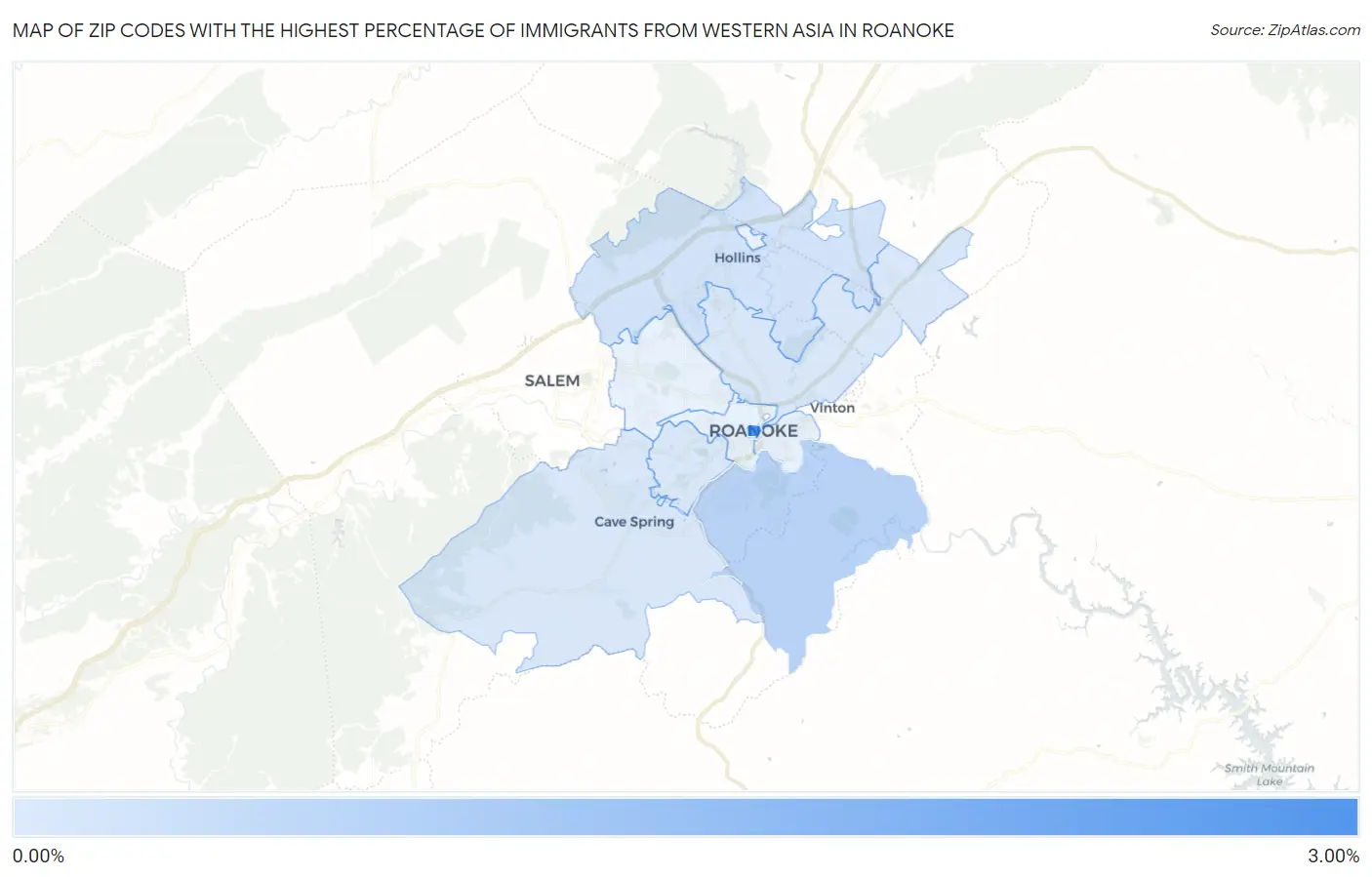 Zip Codes with the Highest Percentage of Immigrants from Western Asia in Roanoke Map