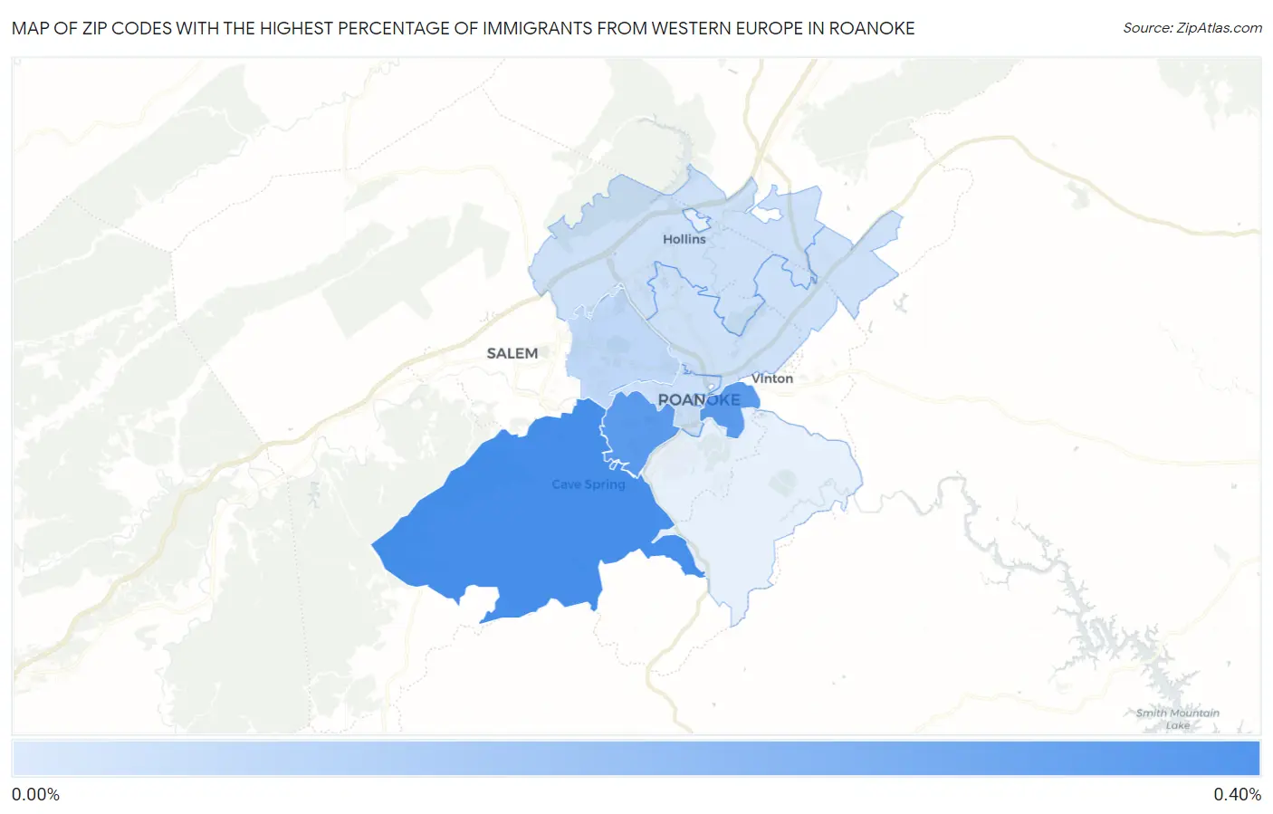 Zip Codes with the Highest Percentage of Immigrants from Western Europe in Roanoke Map