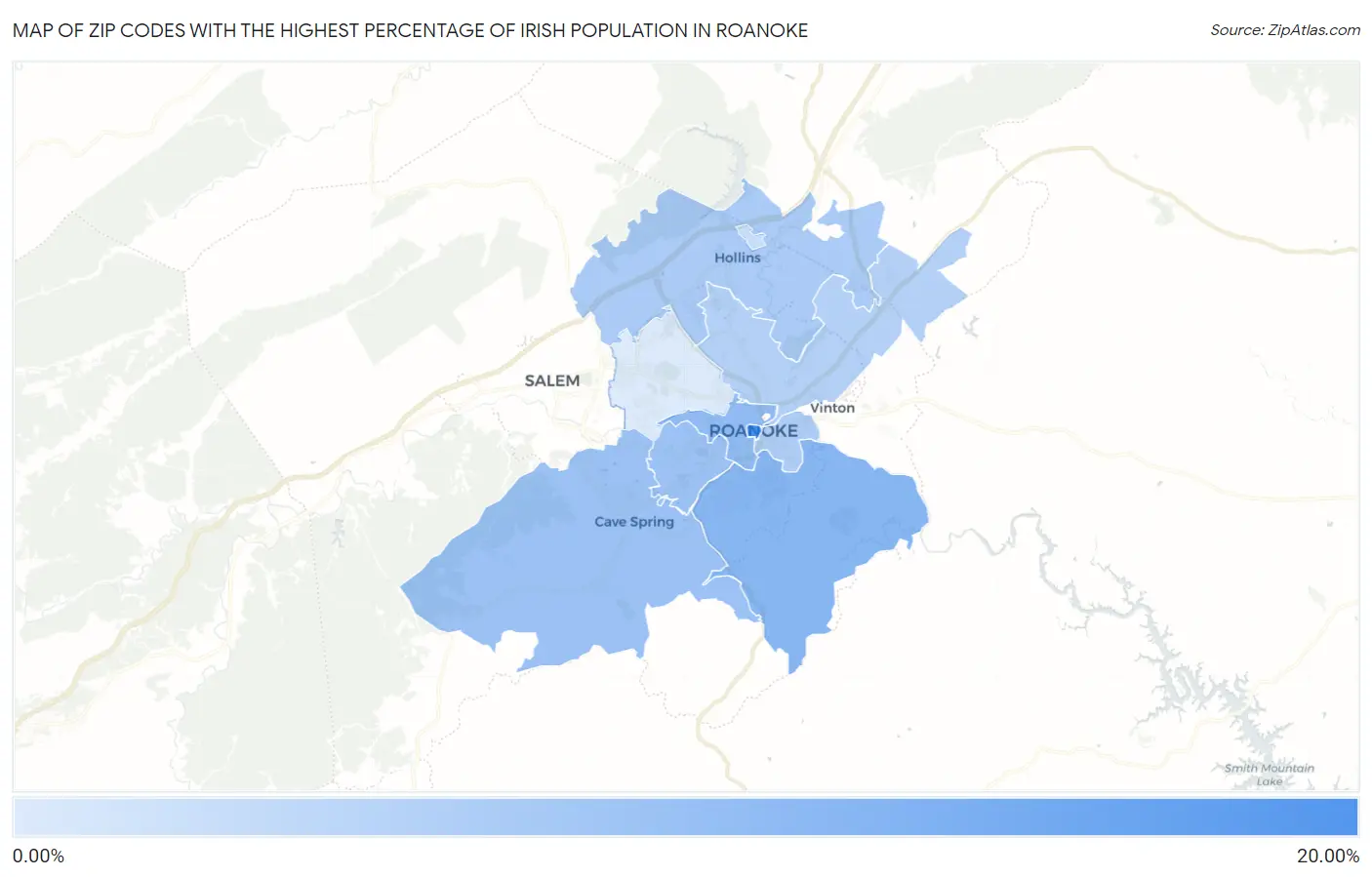 Zip Codes with the Highest Percentage of Irish Population in Roanoke Map