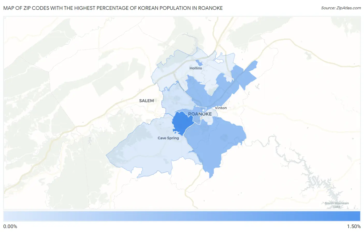 Zip Codes with the Highest Percentage of Korean Population in Roanoke Map