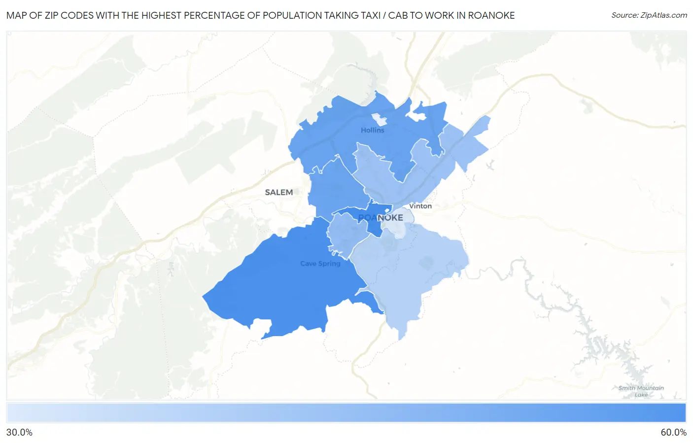 Zip Codes with the Highest Percentage of Population Taking Taxi / Cab to Work in Roanoke Map