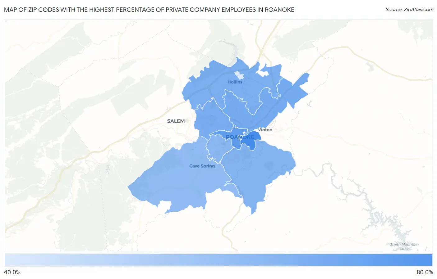 Zip Codes with the Highest Percentage of Private Company Employees in Roanoke Map