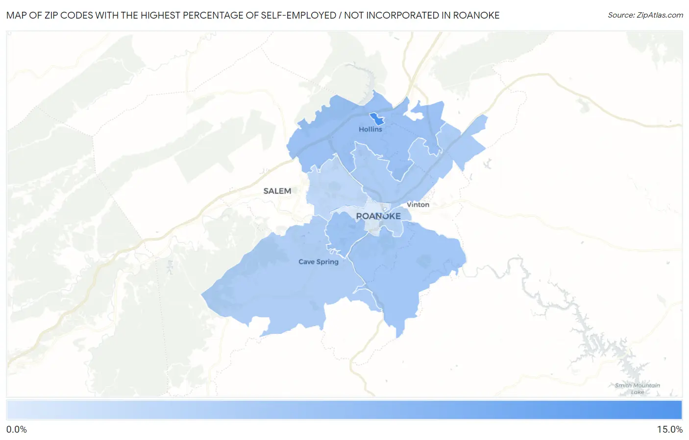 Zip Codes with the Highest Percentage of Self-Employed / Not Incorporated in Roanoke Map