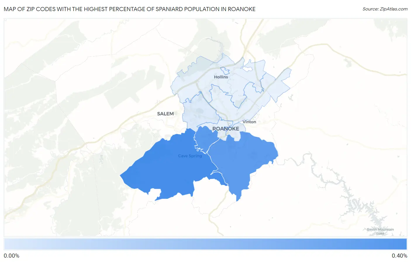 Zip Codes with the Highest Percentage of Spaniard Population in Roanoke Map