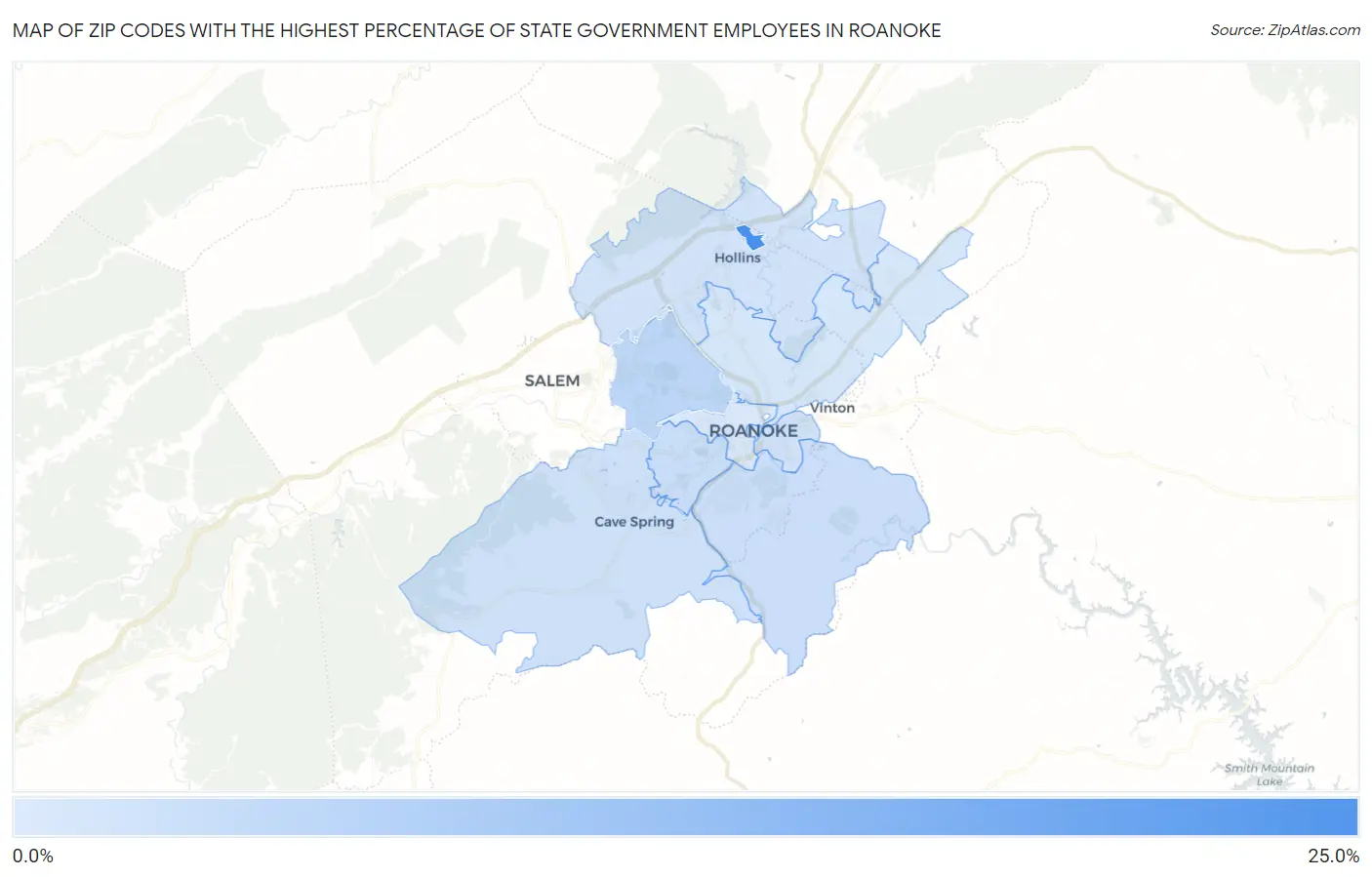 Zip Codes with the Highest Percentage of State Government Employees in Roanoke Map