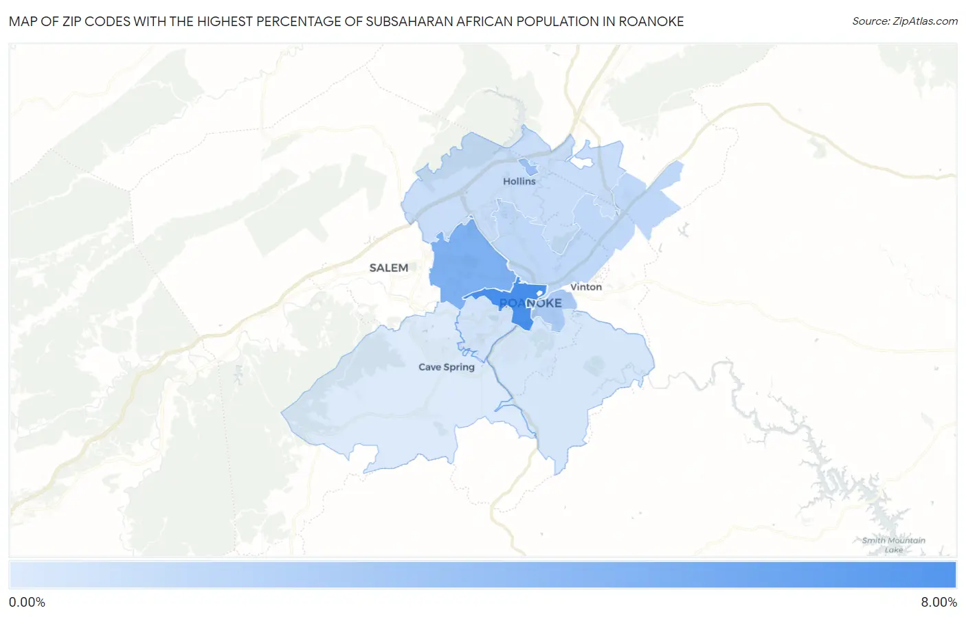 Zip Codes with the Highest Percentage of Subsaharan African Population in Roanoke Map