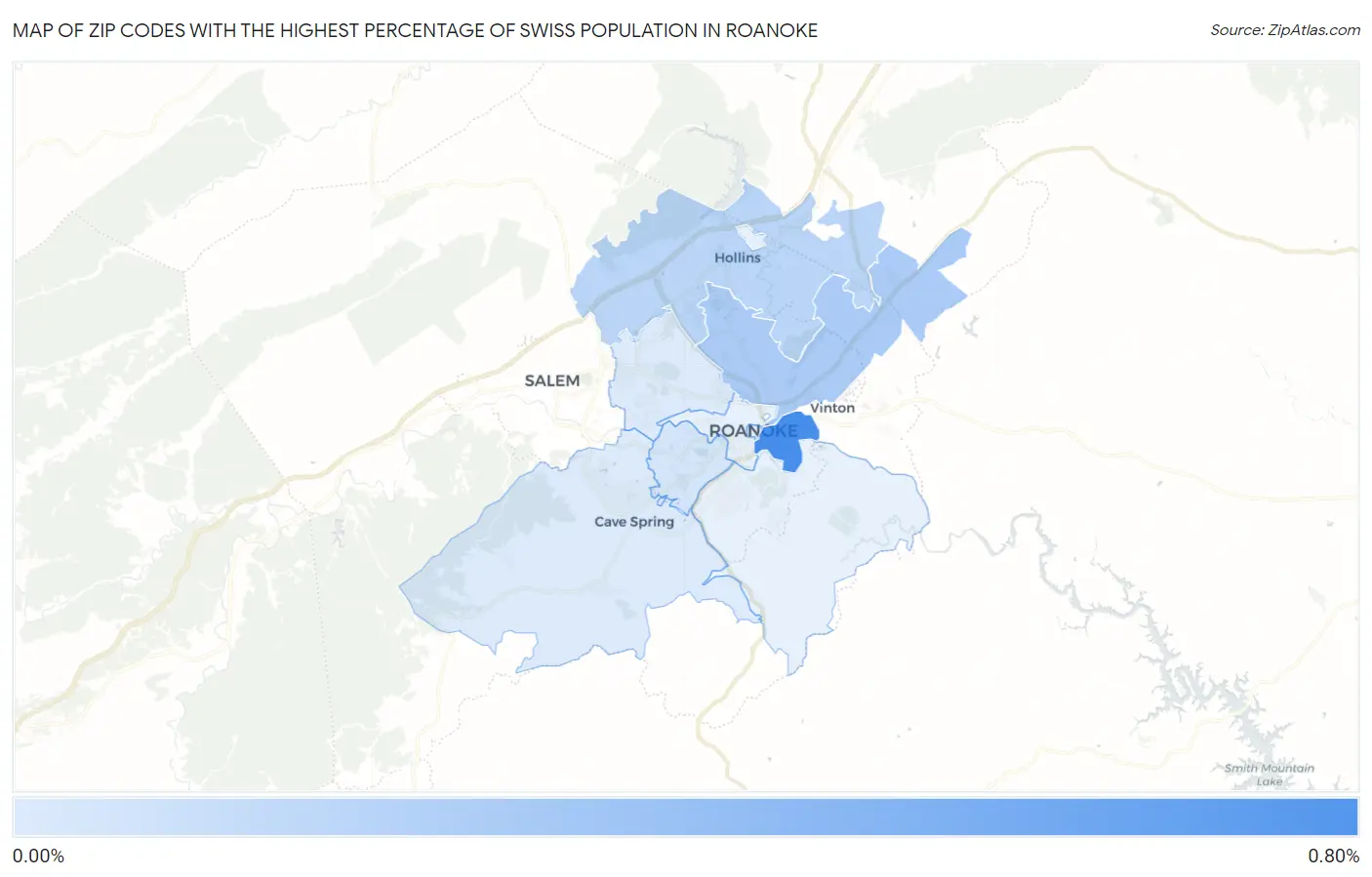 Zip Codes with the Highest Percentage of Swiss Population in Roanoke Map