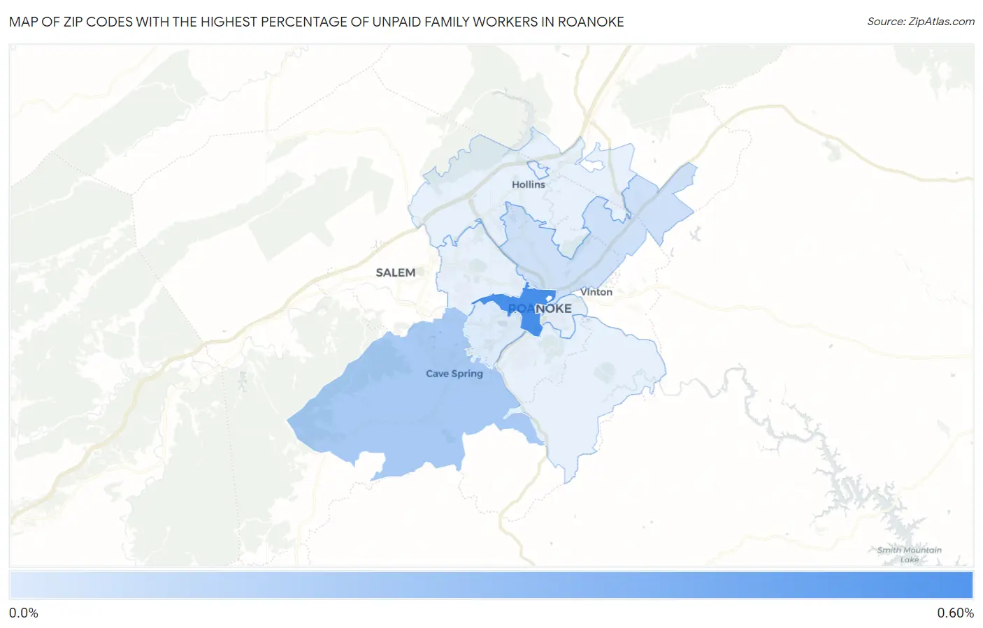 Zip Codes with the Highest Percentage of Unpaid Family Workers in Roanoke Map