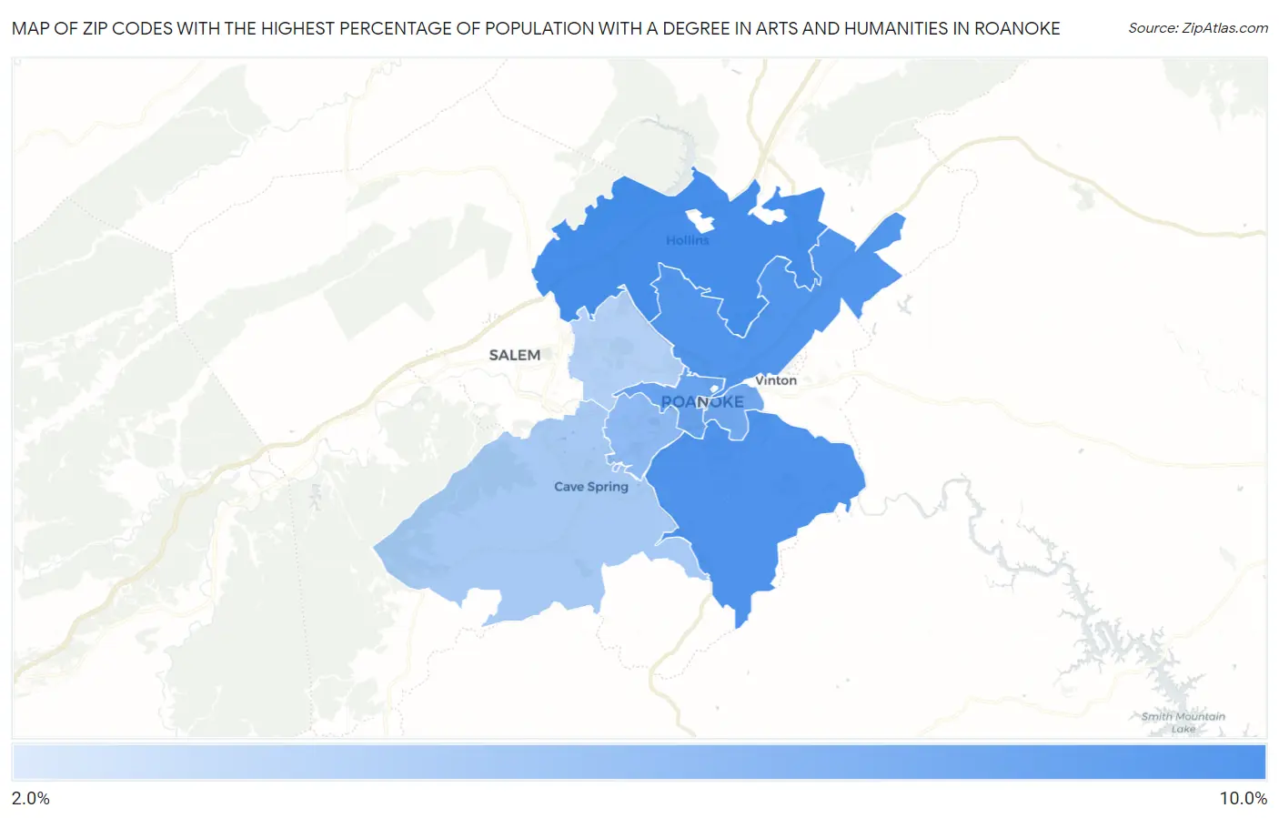 Zip Codes with the Highest Percentage of Population with a Degree in Arts and Humanities in Roanoke Map