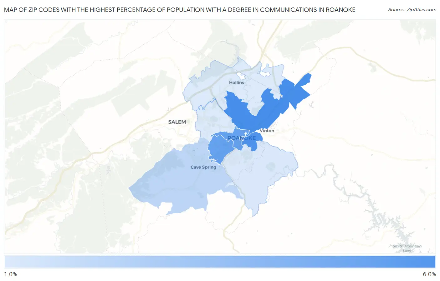 Zip Codes with the Highest Percentage of Population with a Degree in Communications in Roanoke Map
