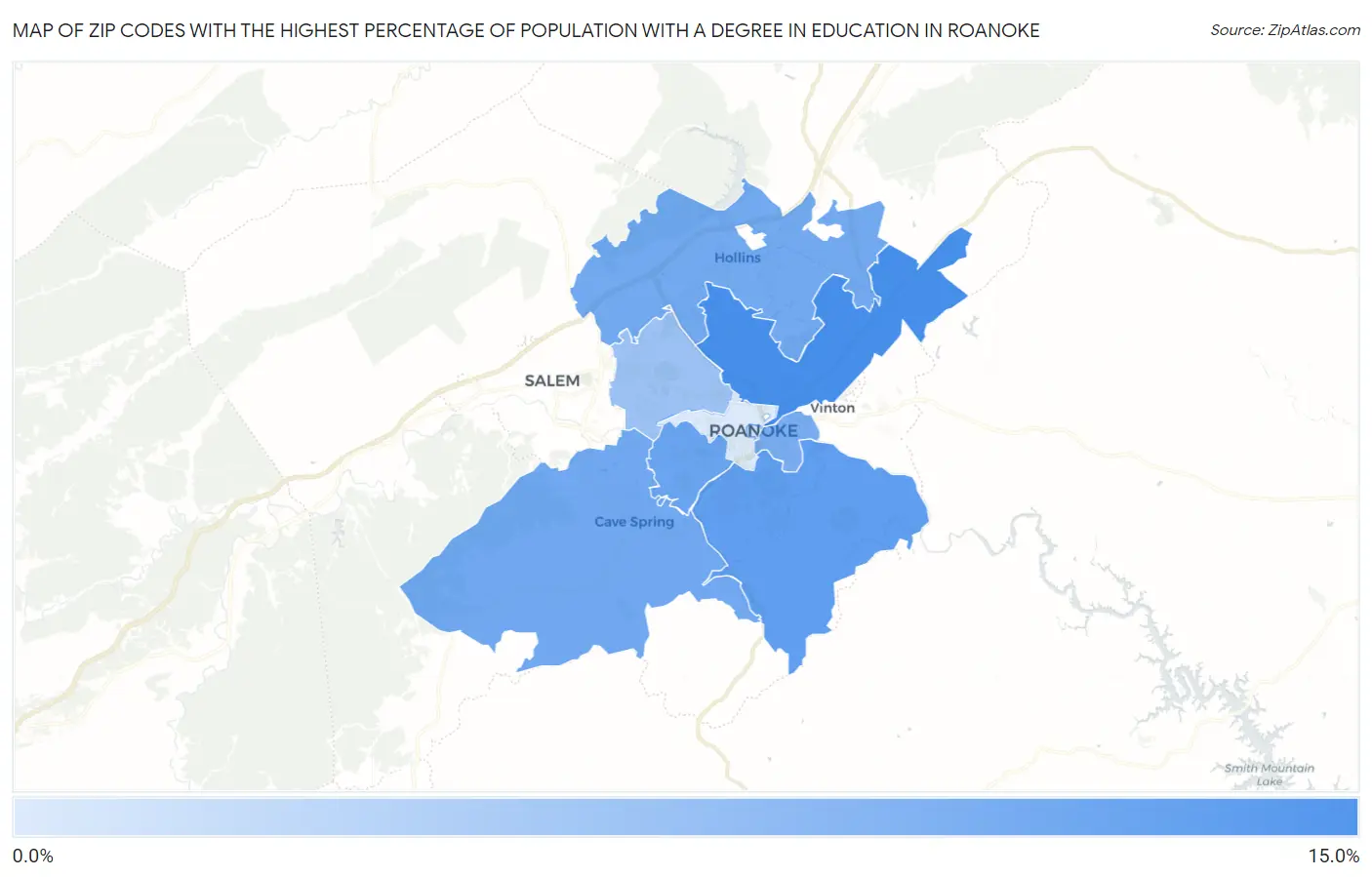 Zip Codes with the Highest Percentage of Population with a Degree in Education in Roanoke Map