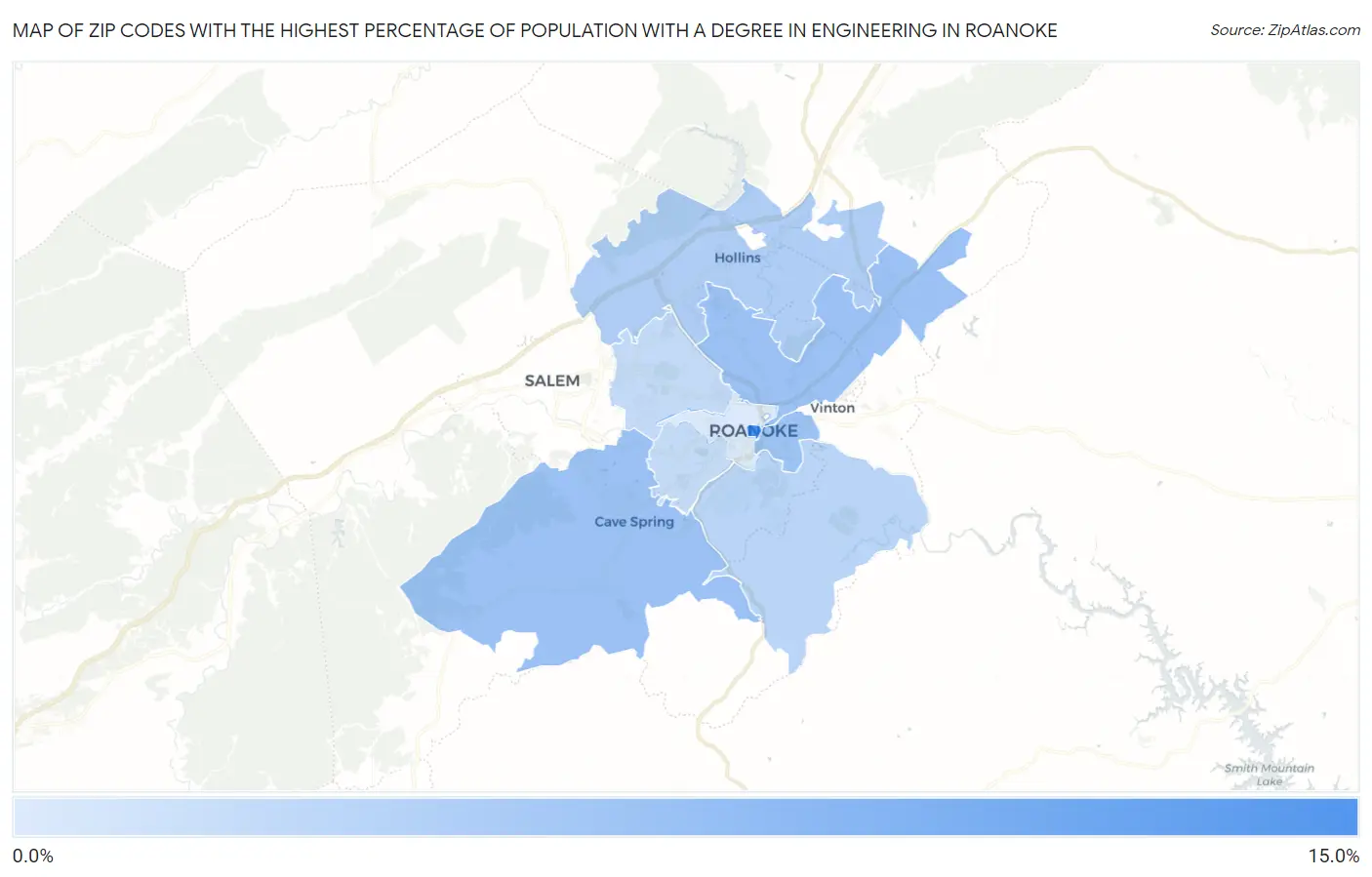 Zip Codes with the Highest Percentage of Population with a Degree in Engineering in Roanoke Map