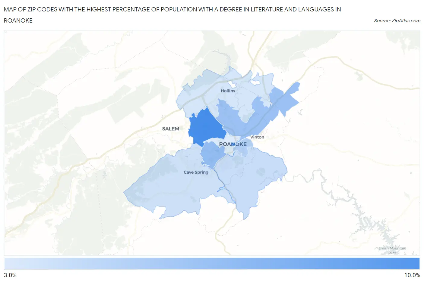 Zip Codes with the Highest Percentage of Population with a Degree in Literature and Languages in Roanoke Map