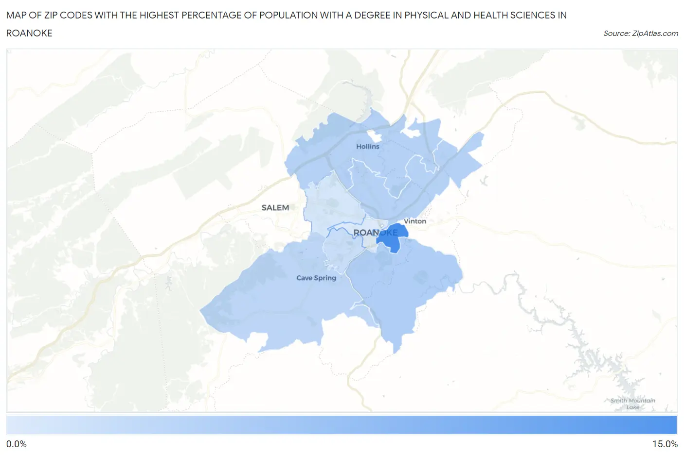 Zip Codes with the Highest Percentage of Population with a Degree in Physical and Health Sciences in Roanoke Map