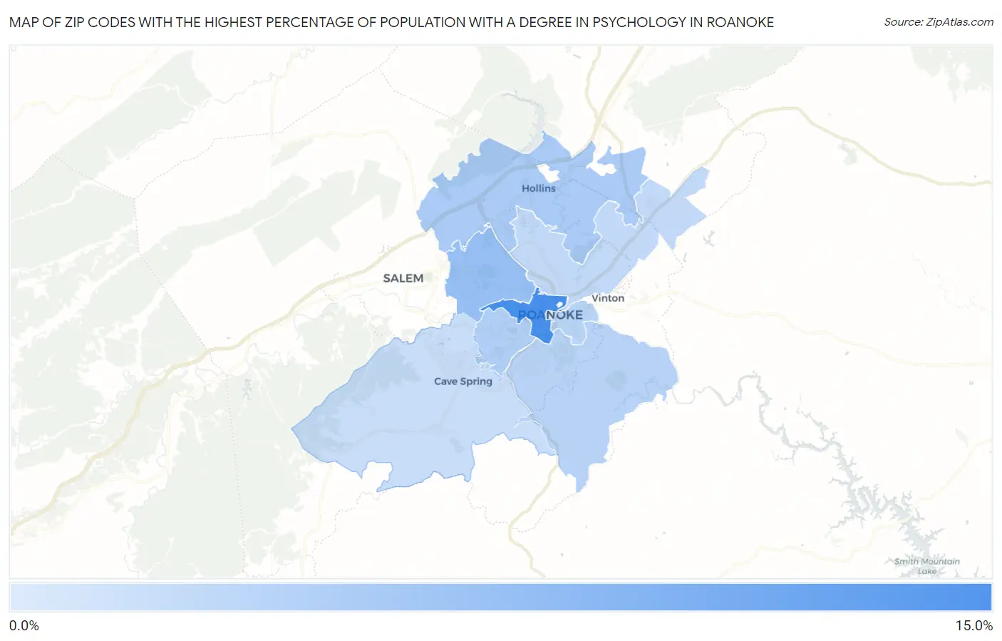 Zip Codes with the Highest Percentage of Population with a Degree in Psychology in Roanoke Map