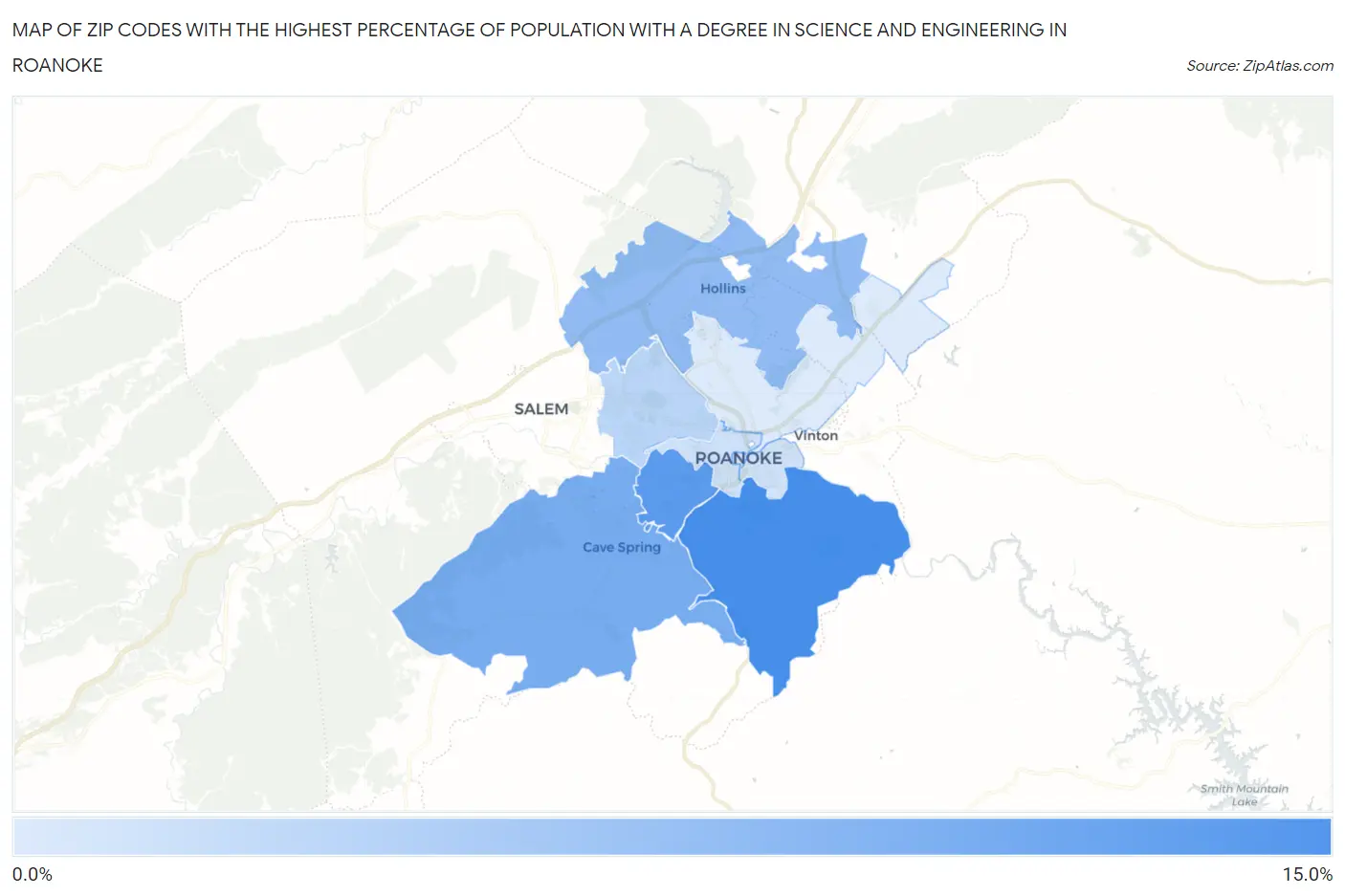 Zip Codes with the Highest Percentage of Population with a Degree in Science and Engineering in Roanoke Map
