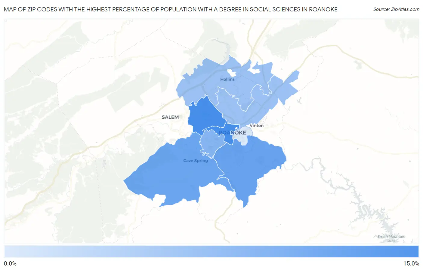 Zip Codes with the Highest Percentage of Population with a Degree in Social Sciences in Roanoke Map
