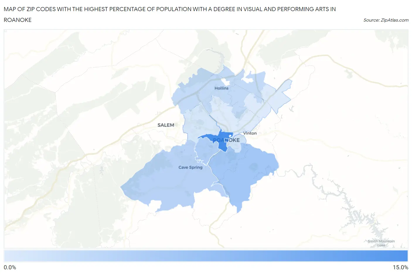 Zip Codes with the Highest Percentage of Population with a Degree in Visual and Performing Arts in Roanoke Map