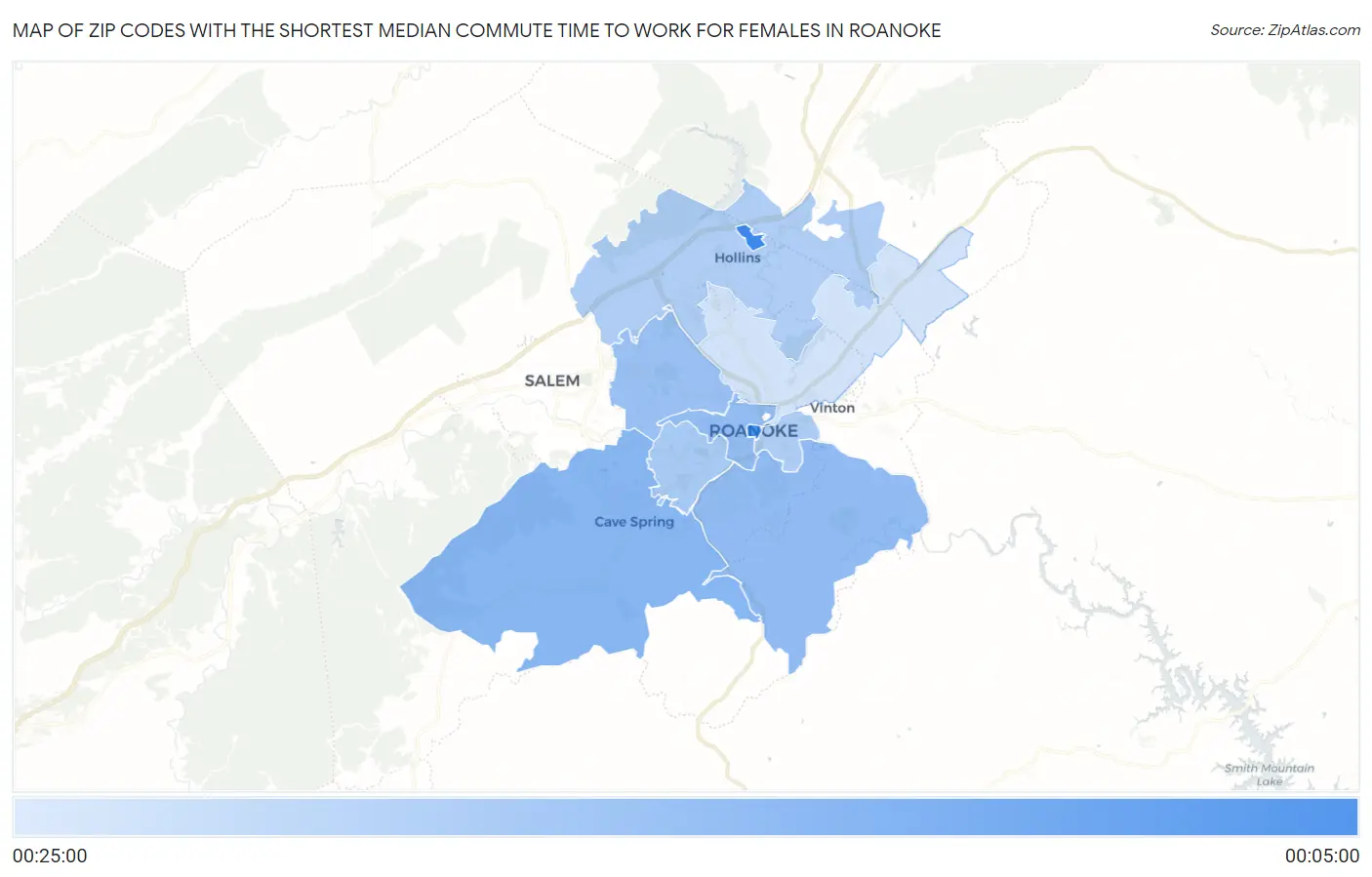 Zip Codes with the Shortest Median Commute Time to Work for Females in Roanoke Map