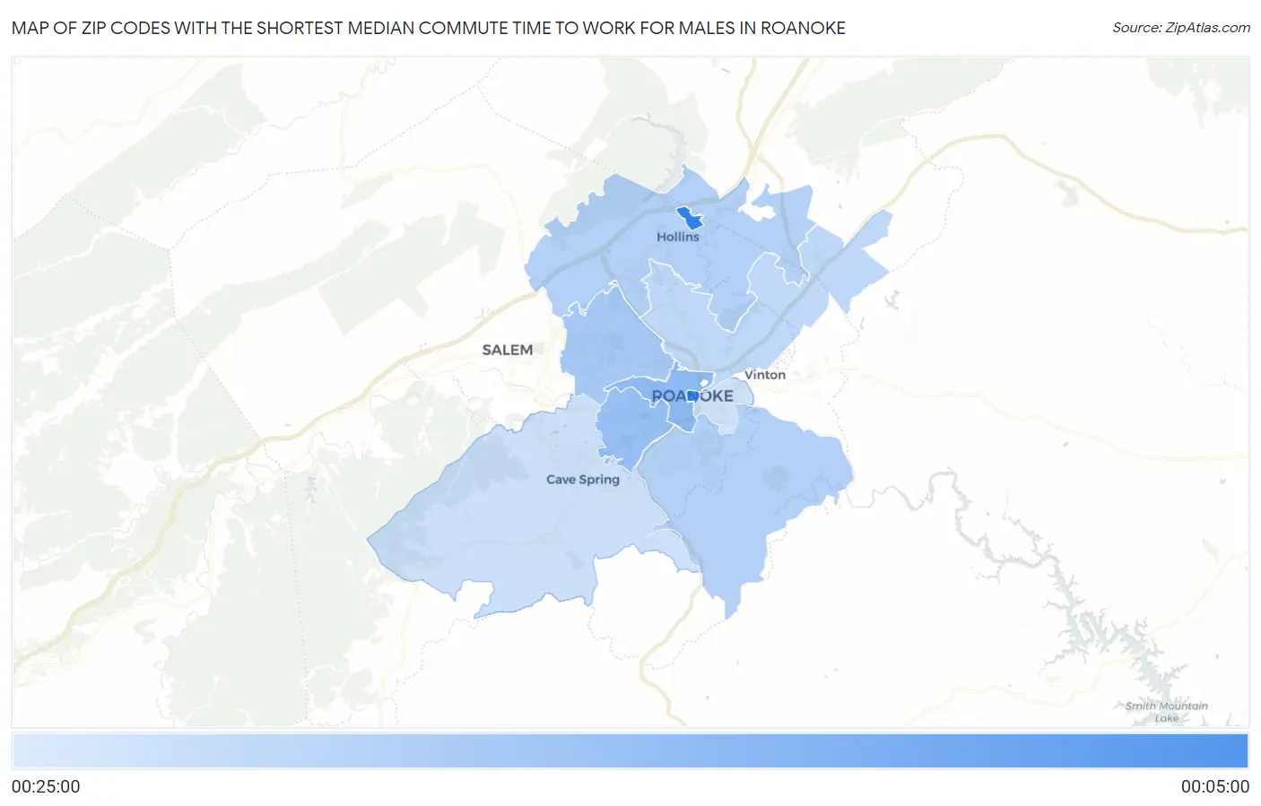 Zip Codes with the Shortest Median Commute Time to Work for Males in Roanoke Map