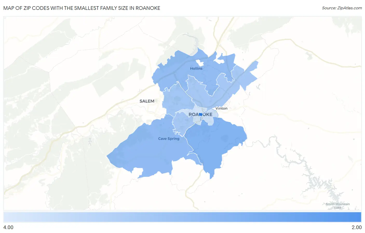 Zip Codes with the Smallest Family Size in Roanoke Map