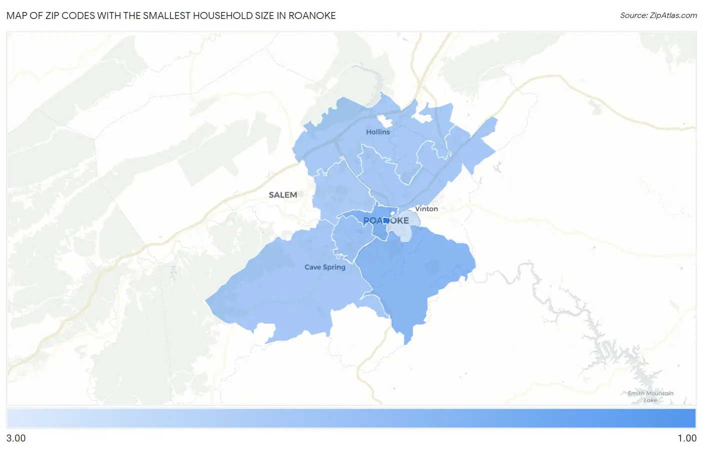 Zip Codes with the Smallest Household Size in Roanoke Map