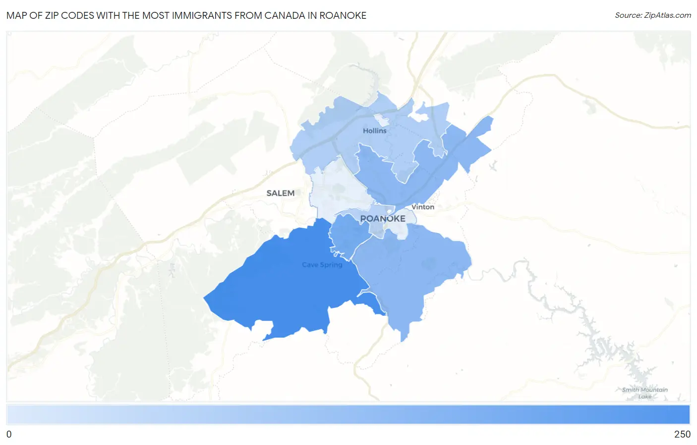 Zip Codes with the Most Immigrants from Canada in Roanoke Map