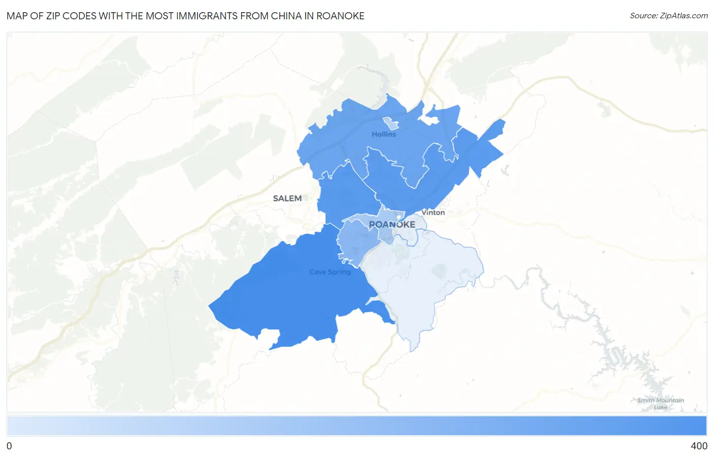 Zip Codes with the Most Immigrants from China in Roanoke Map