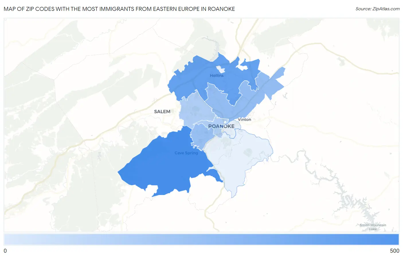 Zip Codes with the Most Immigrants from Eastern Europe in Roanoke Map