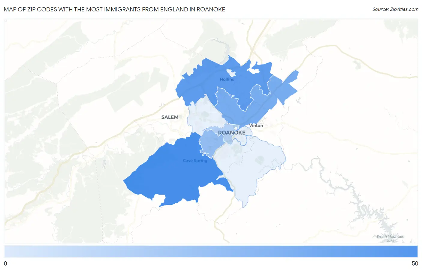 Zip Codes with the Most Immigrants from England in Roanoke Map