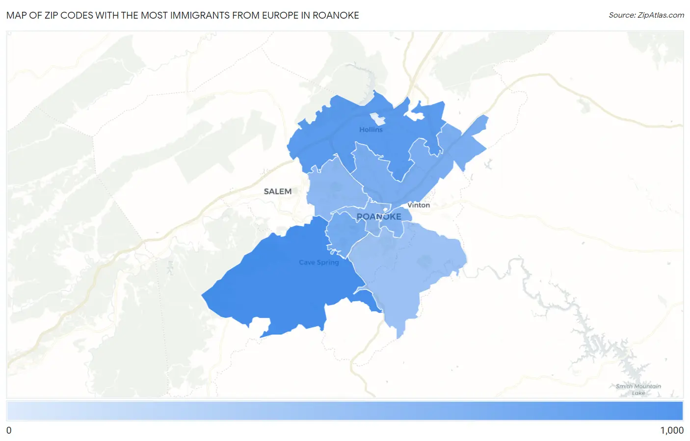 Zip Codes with the Most Immigrants from Europe in Roanoke Map