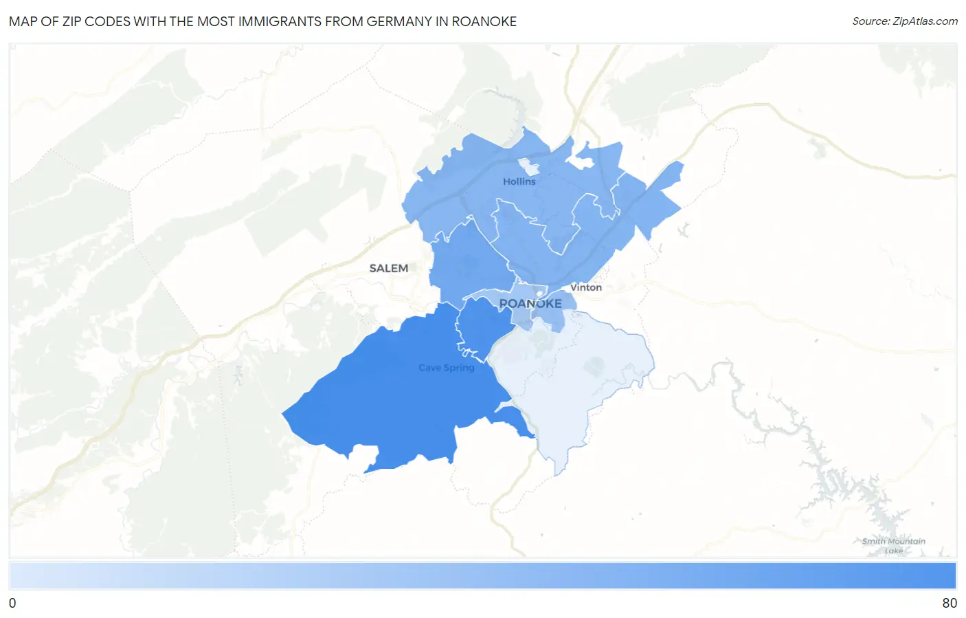 Zip Codes with the Most Immigrants from Germany in Roanoke Map