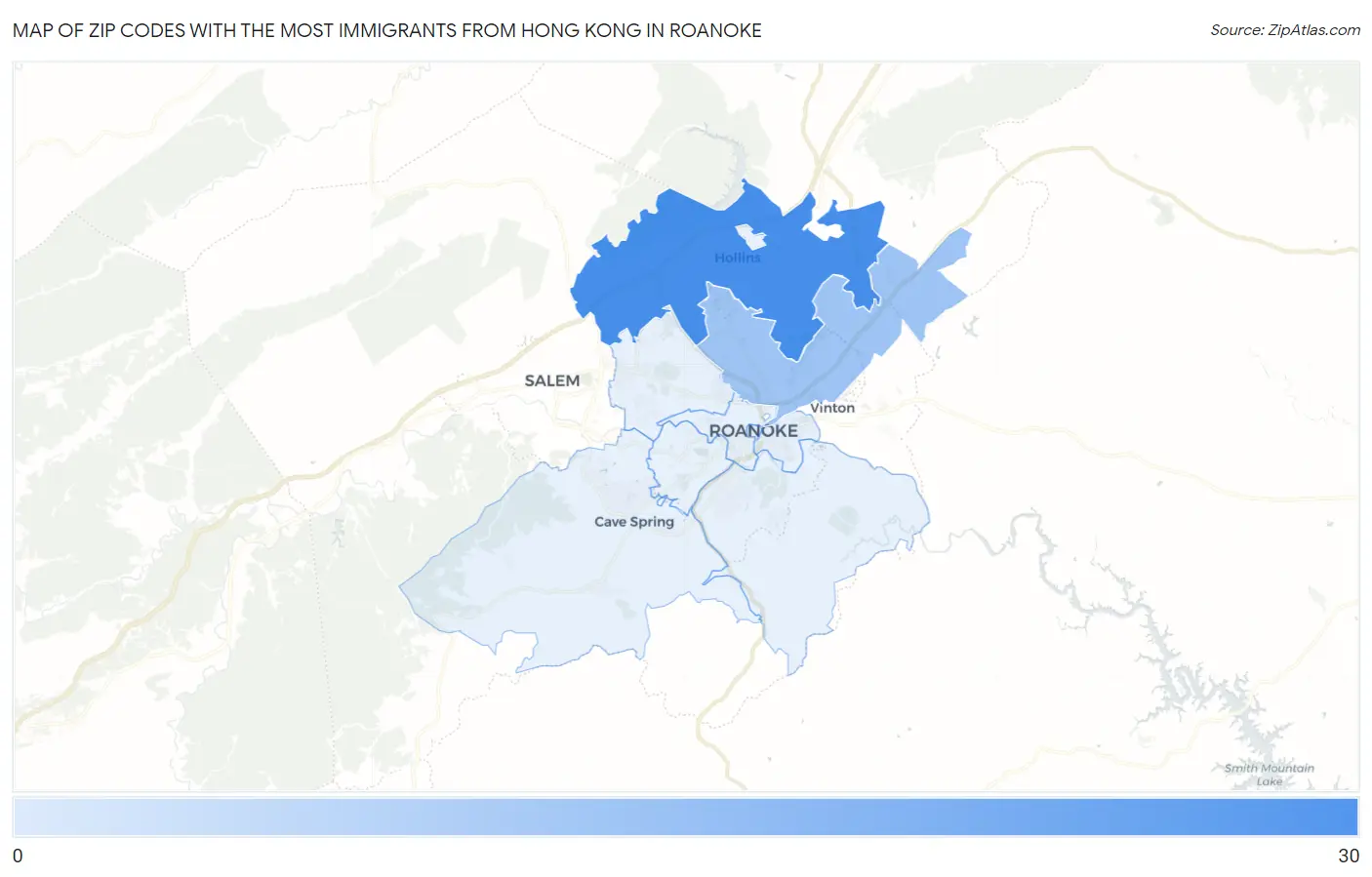 Zip Codes with the Most Immigrants from Hong Kong in Roanoke Map
