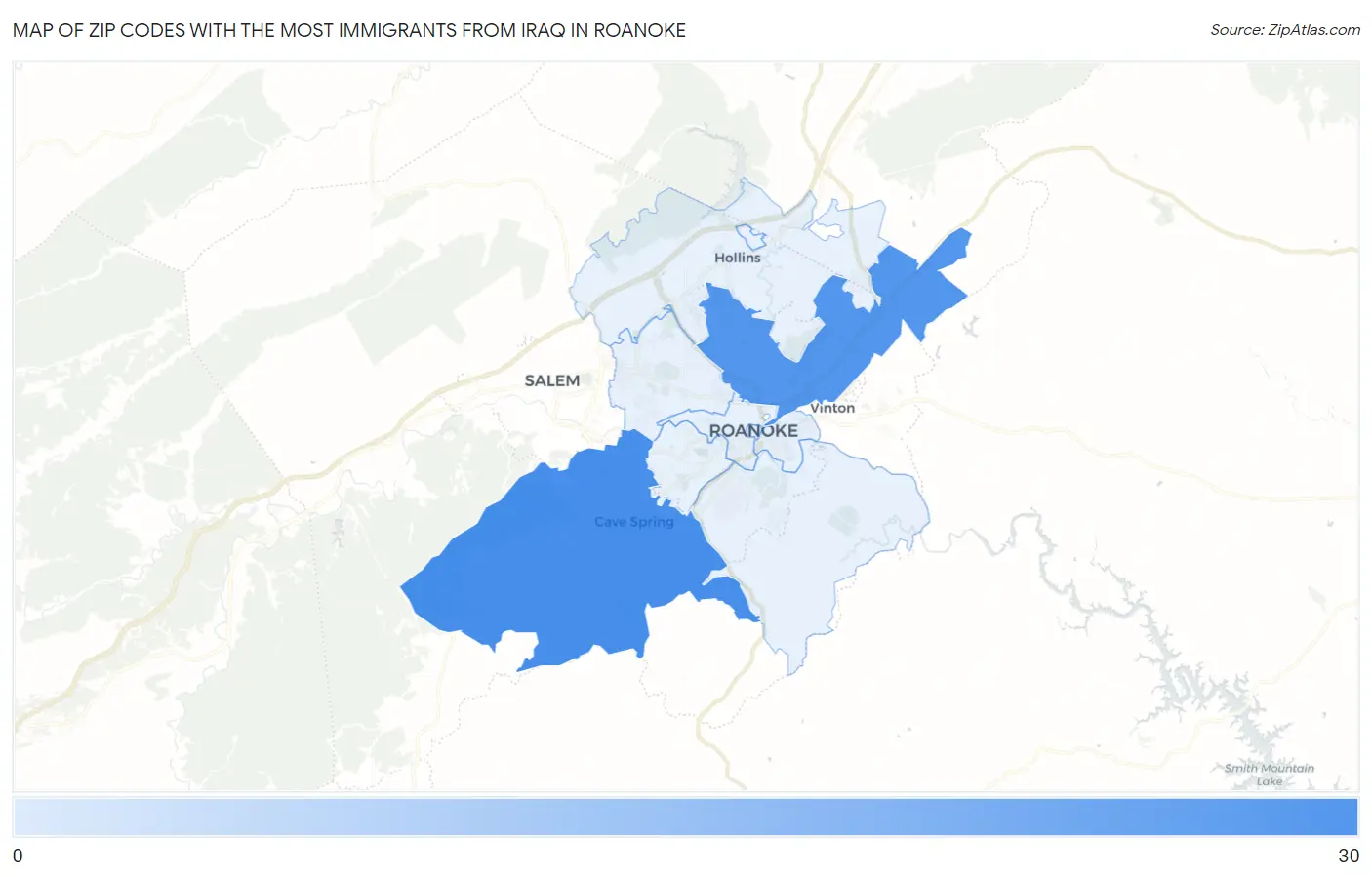Zip Codes with the Most Immigrants from Iraq in Roanoke Map