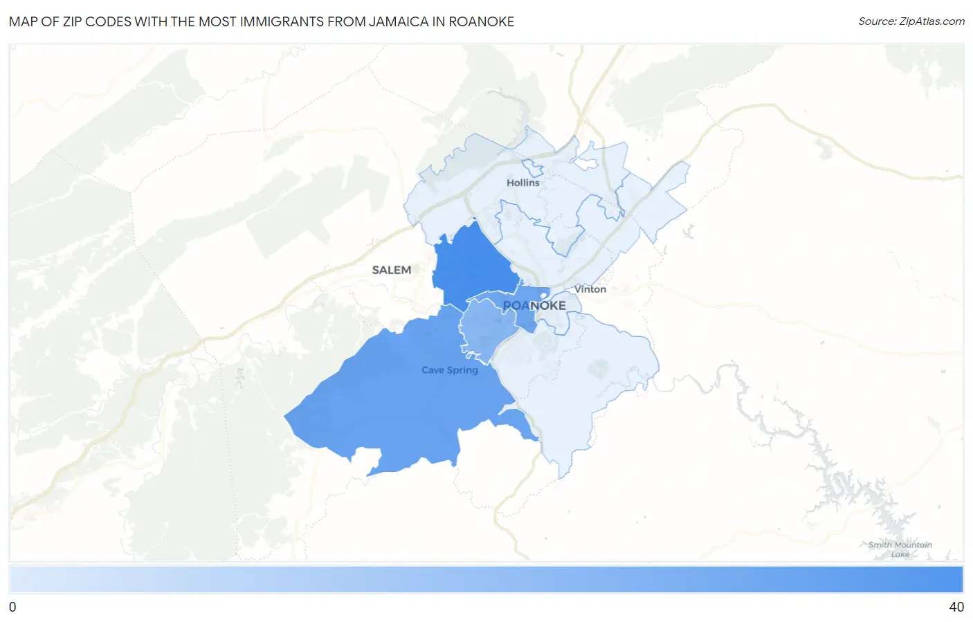 Zip Codes with the Most Immigrants from Jamaica in Roanoke Map