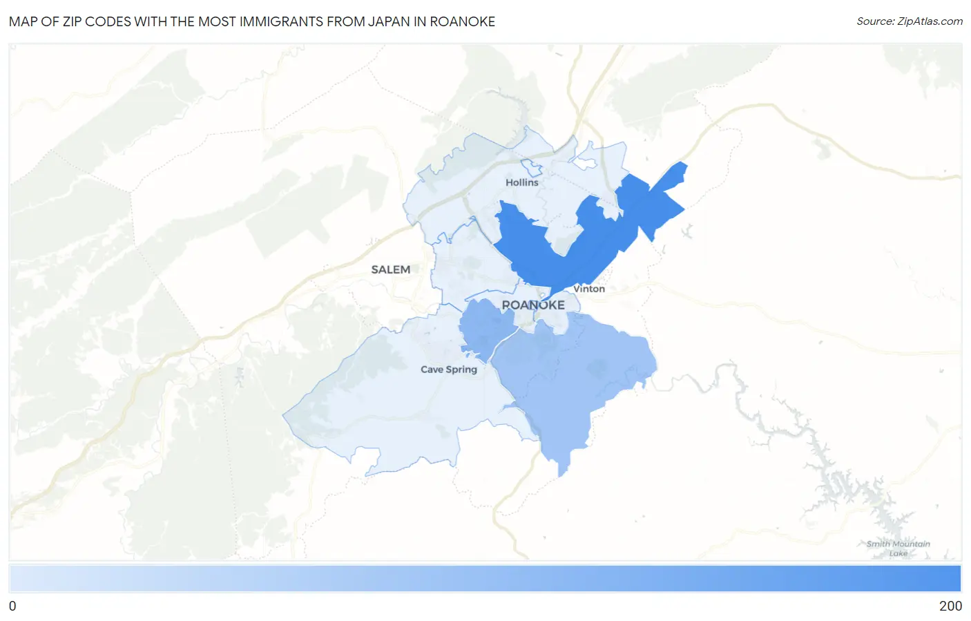 Zip Codes with the Most Immigrants from Japan in Roanoke Map