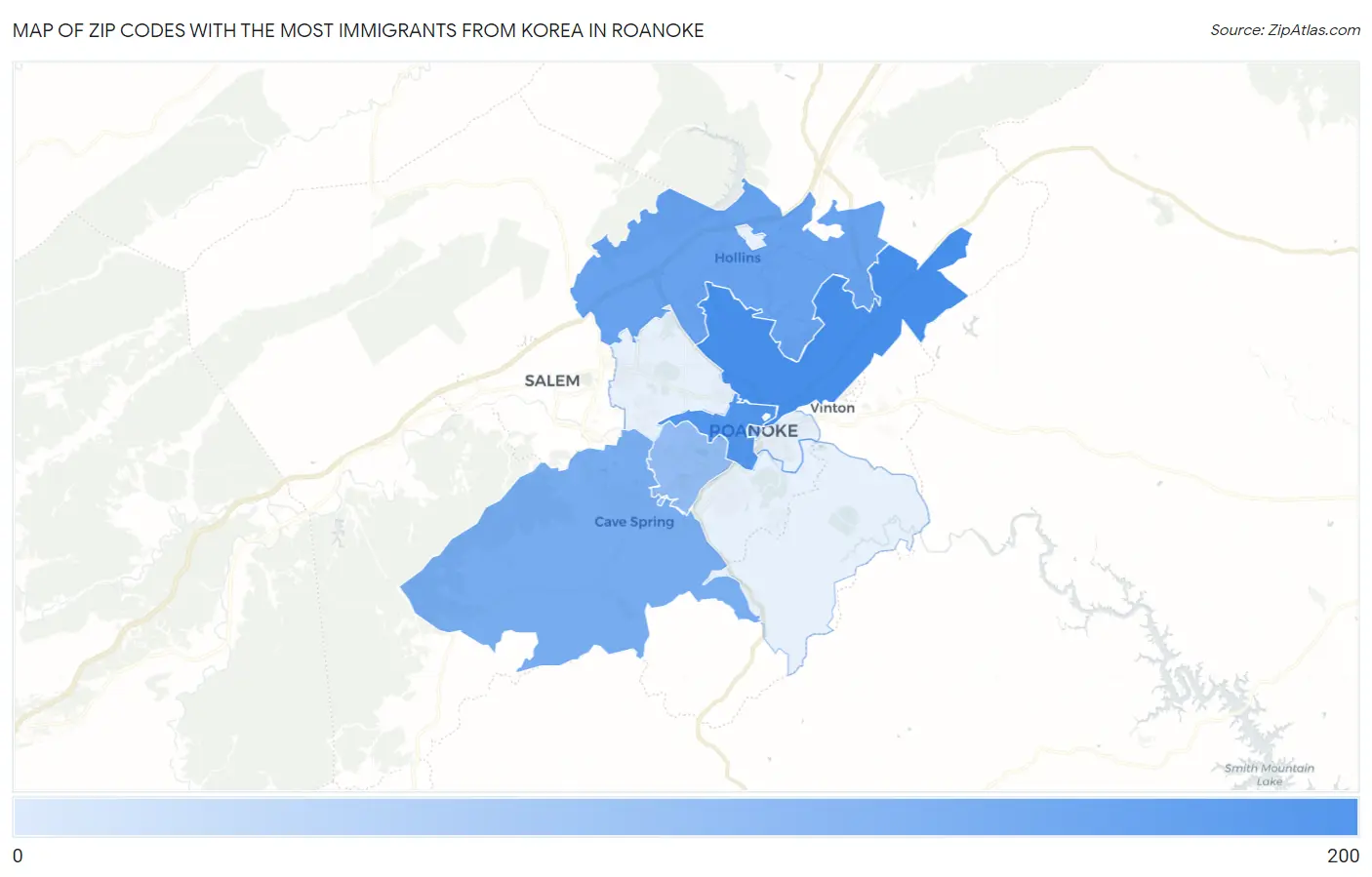 Zip Codes with the Most Immigrants from Korea in Roanoke Map