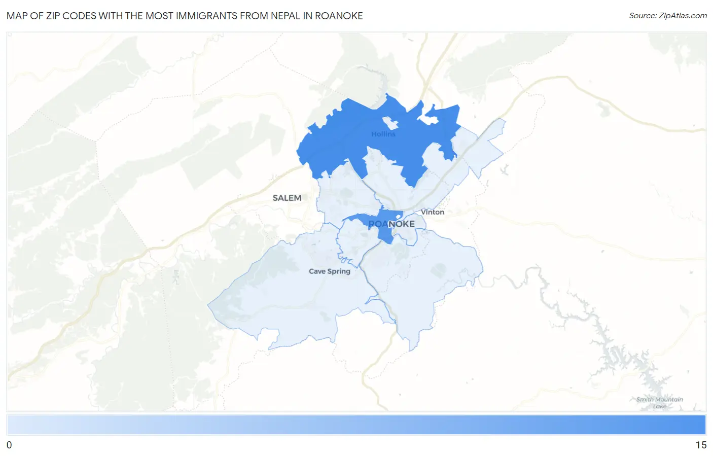 Zip Codes with the Most Immigrants from Nepal in Roanoke Map