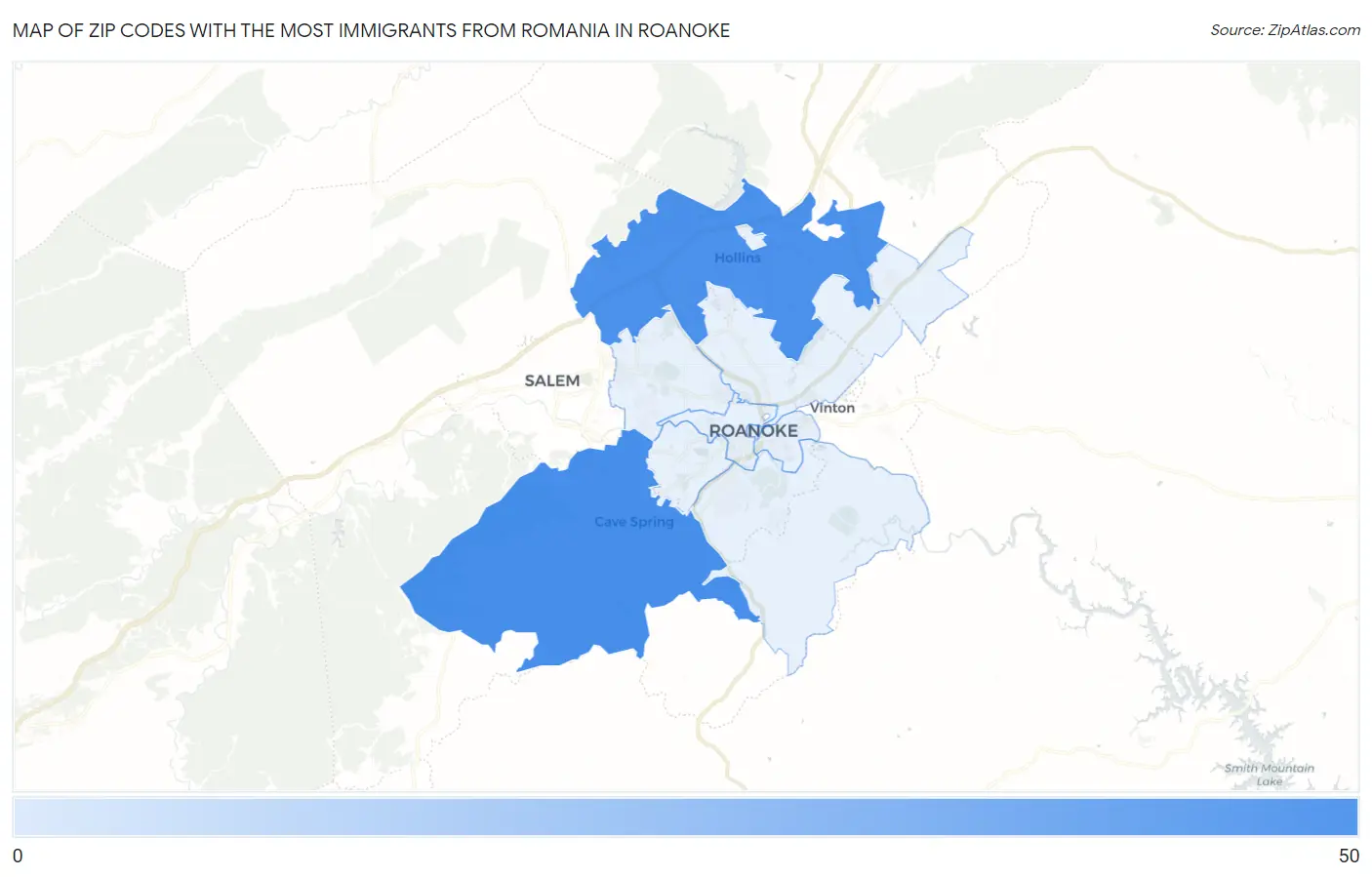Zip Codes with the Most Immigrants from Romania in Roanoke Map